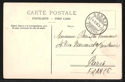 AK Genève, Pont du Mont-Blanc et Ile J. J. Rousseau, Strassenbahn