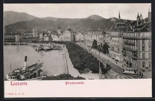 AK Luzern, Promenade mit Strassenbahn