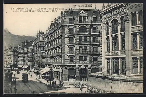AK Grenoble, La Rue Félix Poulat et le Grand Hôtel Moderne, Strassenbahn