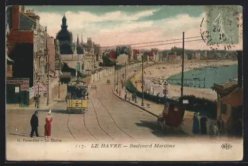 AK Le Havre, Boulevard Maritime, Strassenbahn