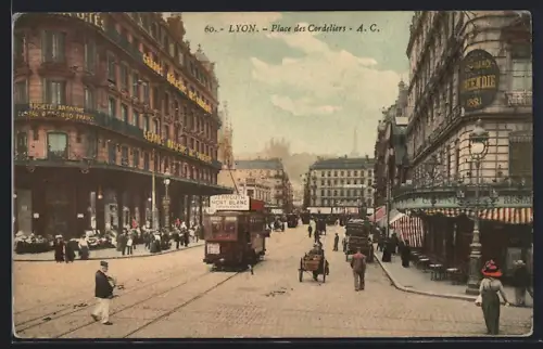 AK Lyon, Place des Cordeliers, Strassenbahn