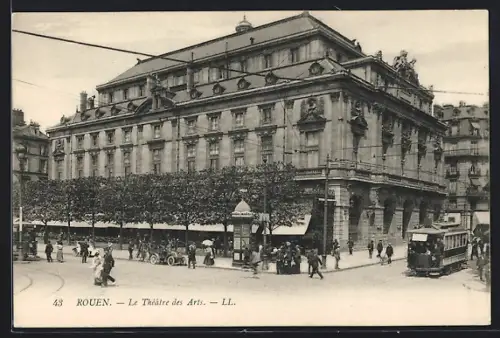 AK Rouen, Le Théâtre des Arts, Strassenbahn