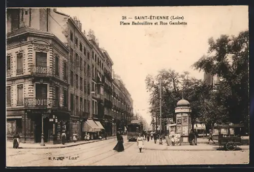 AK Saint-Étienne /Loire, Place Badouillère et Rue Gambetta, Strassenbahn