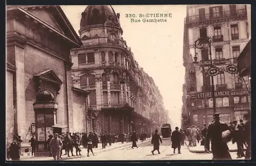 AK Saint-Étienne, Rue Gambetta, Strassenbahn