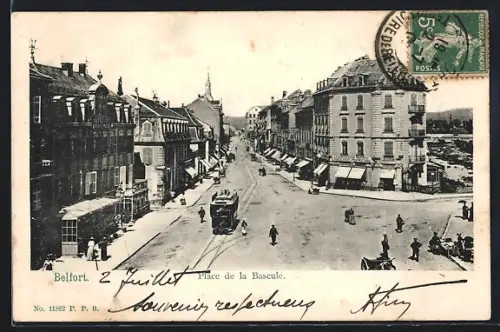 AK Belfort, Place de la Bascule, Strassenbahn