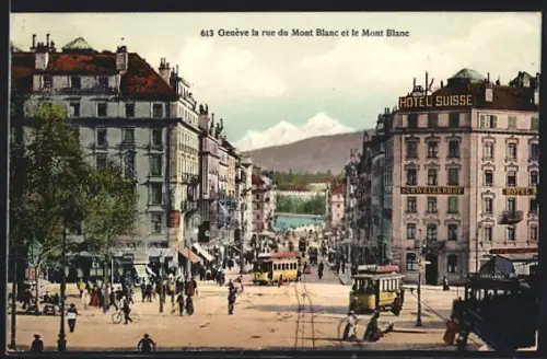 AK Genève, La rue du Mont Blanc et le Mont Blanc, Strassenbahn