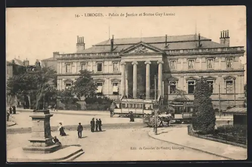 AK Limoges, Palais de Justice et Statue Gay-Lussac, Strassenbahn