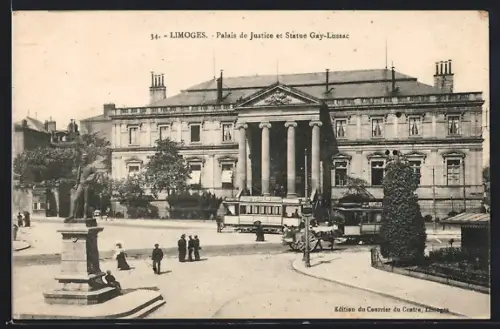 AK Limoges, Strassenbahn vor Palais de Justice et Statue Gay Lussac