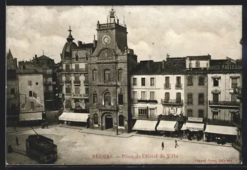 AK Béziers, Place de l`Hotel de Ville, Strassenbahn