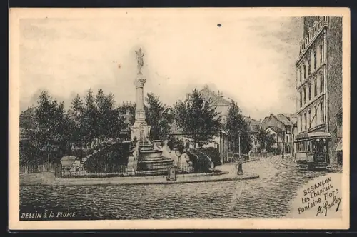 Künstler-AK Besancon, Les Chaprais Fontaine Flore, Strassenbahn
