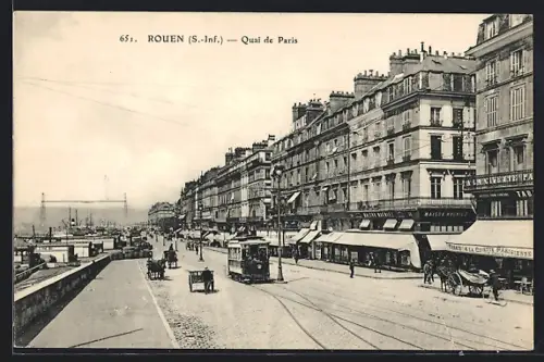 AK Rouen, Quai de Paris, Strassenbahn