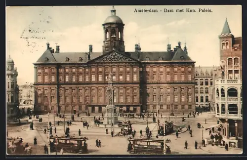 AK Amsterdam, Dam met Kon. Paleis, Strassenbahn
