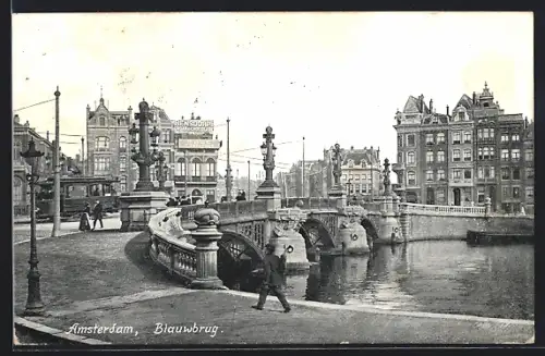 AK Amsterdam, Blauwbrug, Strassenbahn