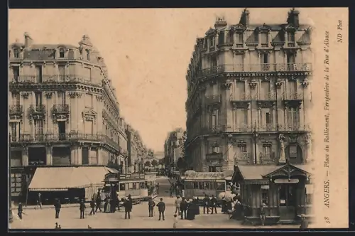 AK Angers, Place du Ralliement, Perspective de la Rue d`Alsace, Strassenbahn