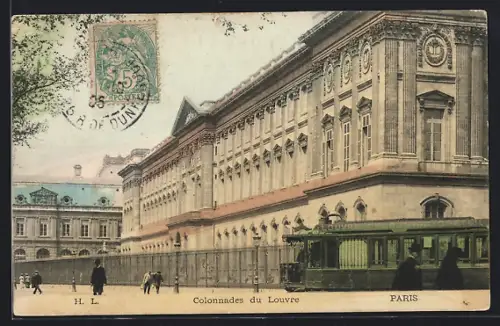 AK Paris, Colonnades du Louvre, Strassenbahn