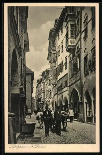 AK Bolzano, I Portici, Bauern mit Ochsen-Gespann