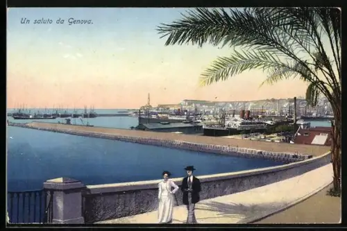 AK Genova, Panorama mit Brücke