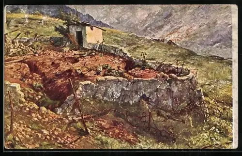 AK Rotes Kreuz, Friedhof von Chiesa, Vallarsatal, nach der Beschiessung durch unsere Artillerie am 10. Juni 1916