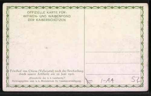 AK Rotes Kreuz, Friedhof von Chiesa, Vallarsatal, nach der Beschiessung durch unsere Artillerie am 10. Juni 1916