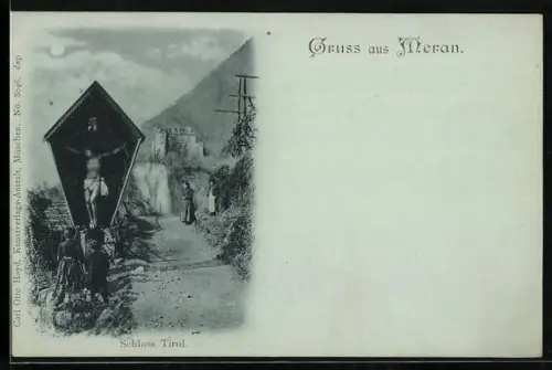 Mondschein-AK Meran, Schloss Tirol mit Flurkreuz