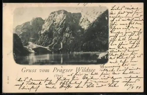 AK Prags, Pragser Wildsee, Blick über den See auf die Bergkette