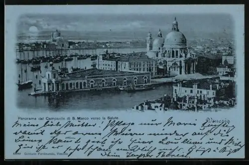 Mondschein-AK Venezia, Panorama del Campanile di S. Marco verso la Salute