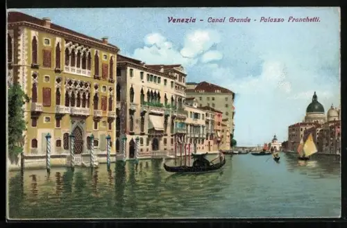 AK Venezia, Canal Grande, Palazzo Franchetti, Gondoliere mit seiner Gondel