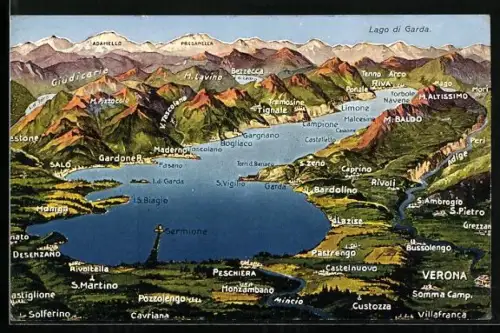 AK Lago di Garda, Blick auf den See mit angrenzenden Ort, Landkarte