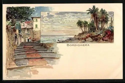 Künstler-AK Manuel Wielandt: Bordighera, Strassenpartie, Palmen am Strand