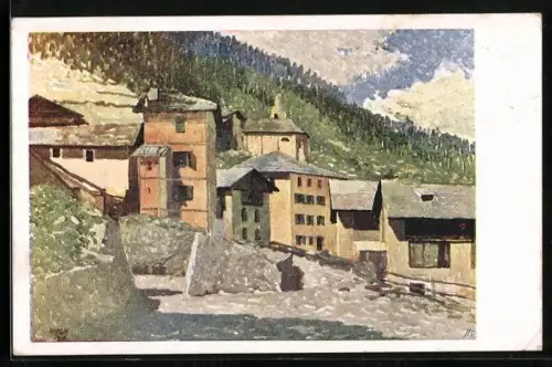 Künstler-AK Vermiglio, Panorama mit Kapelle