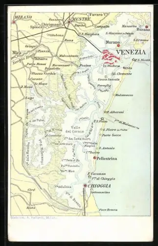 Lithographie Venezia, Landkarte mit Spinea, Murano und Burano