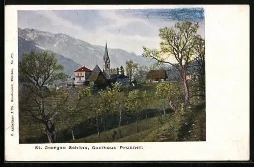 AK Schönna, Ortsansicht mit Kirche und Gasthaus Prunner