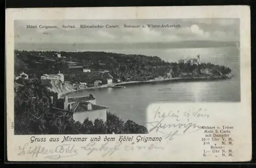 Mondschein-AK Trieste, Hotel Grignano und Schloss Miramare