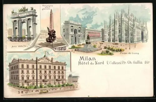 Lithographie Milan, Hotel du Nord, Piazza dei Duomo