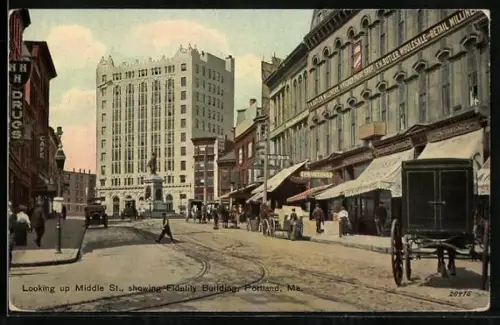 AK Portland, ME, Looking up Middle St., showing Fidelity Building