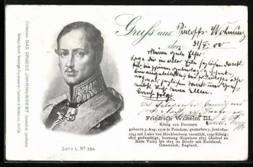AK König Friedrich Wilhelm III. von Preussen im Porträt mit Uniform und Orden