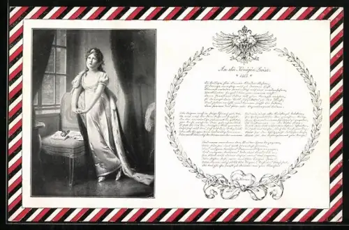 AK Königin Luise von Preussen an einem Fenster stehend, Gedicht An die Königin Luise