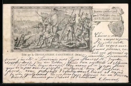 AK Chocolaterie d`Aiguebelle, Jeanne combattant à Orléans, Kakao, Reklame für Schokolade
