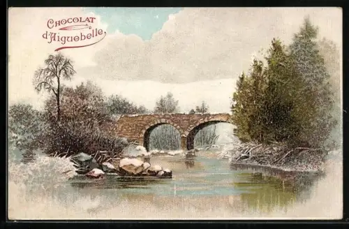 AK Chocolat d`Aiguebelle, Flusslandschaft mit Brücke im Winter, Kakao, Reklame für Schokolade