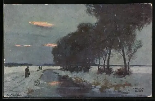 AK Cailler`s, Chocolat au Lait Suisse, Winterlandschaft mit Spaziergängern, Kakao, Reklame für Schokolade