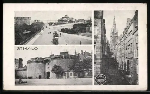 AK St. Malo, Chocolat Menier, Une Rue, L`Eglise, La Forteresse, Kakao, Reklame für Schokolade