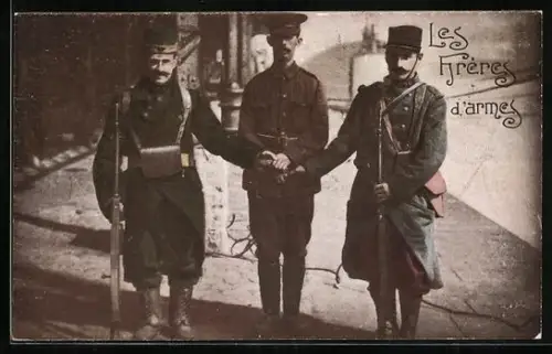 AK Les Frères d`armes, Soldaten reichen sich die Hände, Propaganda Entente