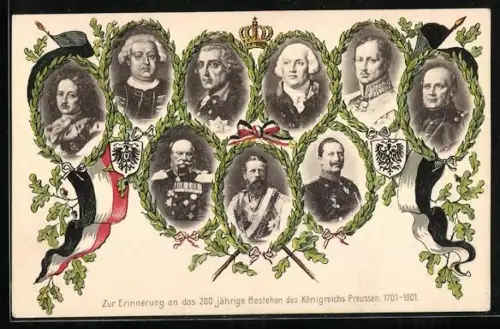 AK Portraits preussischer Herrscher, 200-jähriges Bestehen des Königreichs Preussen 1701-1901