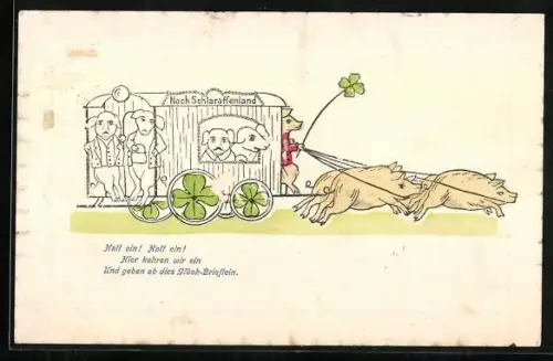 AK Schweine ziehen einen Wagen nach Schlaraffenland