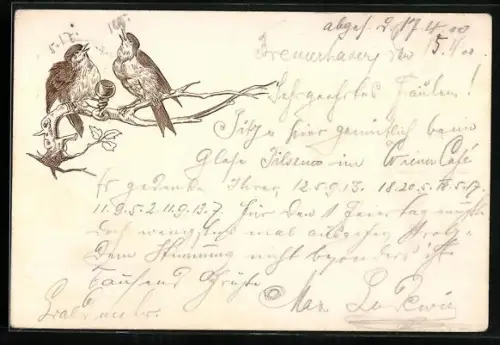 AK Zwei Vögel auf einem Ast mit Weinglas