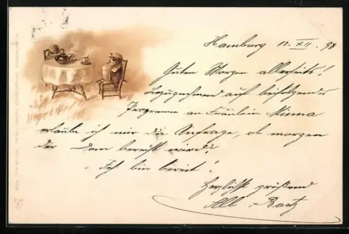 AK Kleine Singvögel am Tisch mit Teekanne