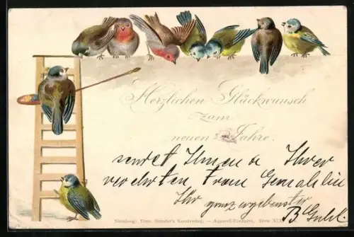 AK Singvögel auf einer Leiter