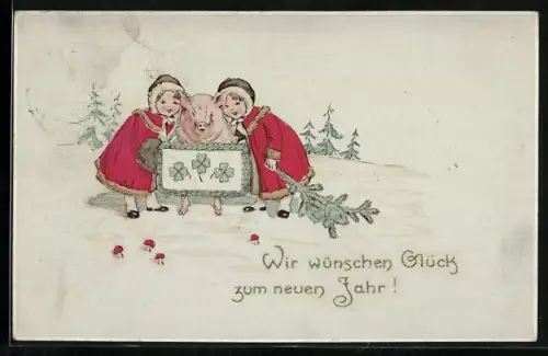 AK Zwei Mädchen mit Schwein in winterlicher Landschaft