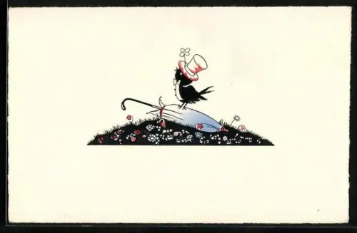 AK Kleiner Singvogel mit Zylinder sitzt auf Regenschirm