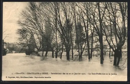 AK Chatillon-s-Seine /Côte-d`Or, Inondations de 1910, La Sous-Préfecture et le Jardin